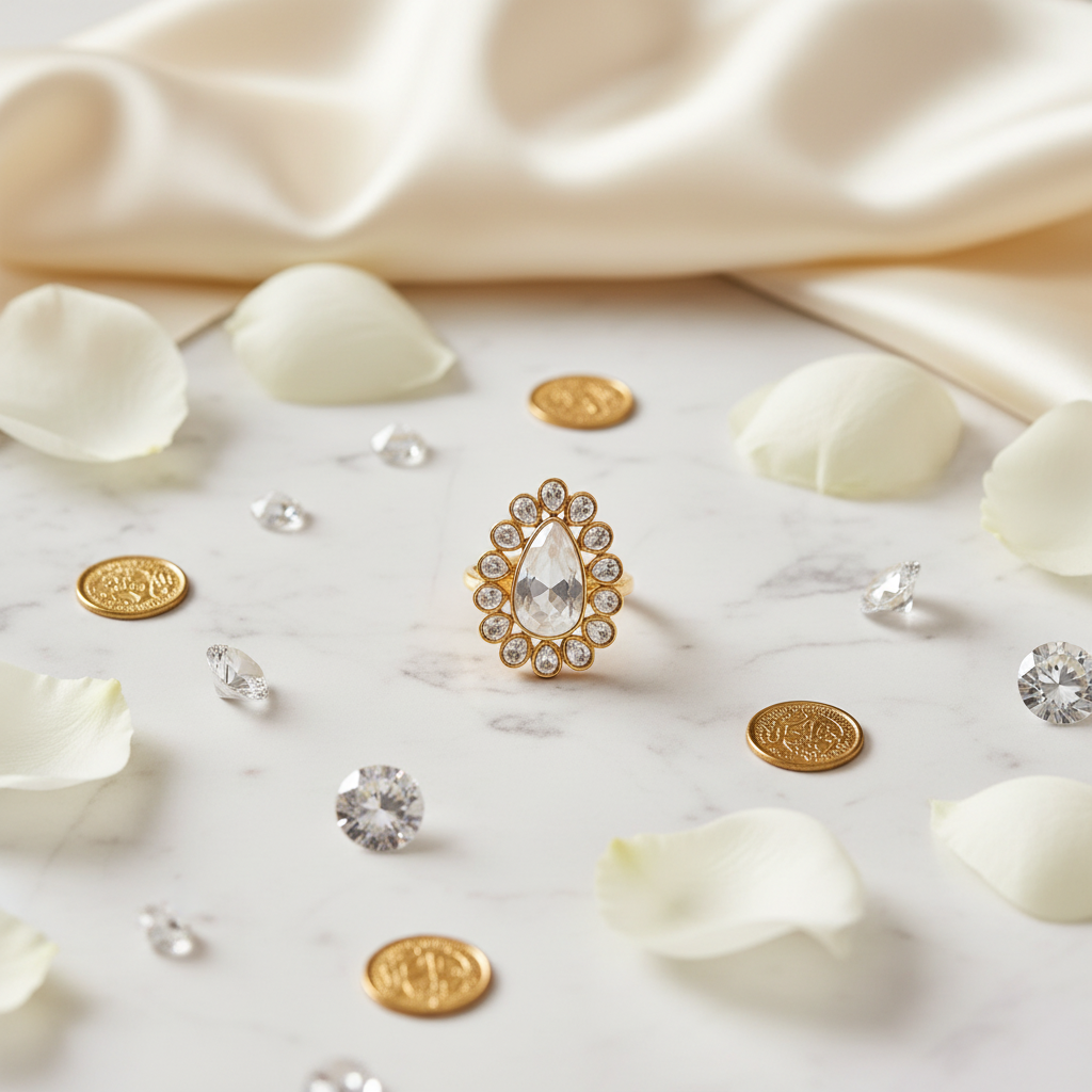 Pear Polki Kundan Ring | Gold Halo Uncut Diamond Cocktail Ring