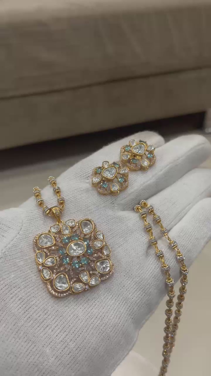 Beautiful mosinite polki kundan pendent set with design mutter chain24 inch