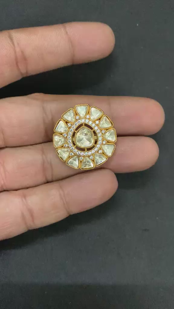 Premium Moissanite Polki Kundan Adjustable Ring | Sunflower Cocktail Ring