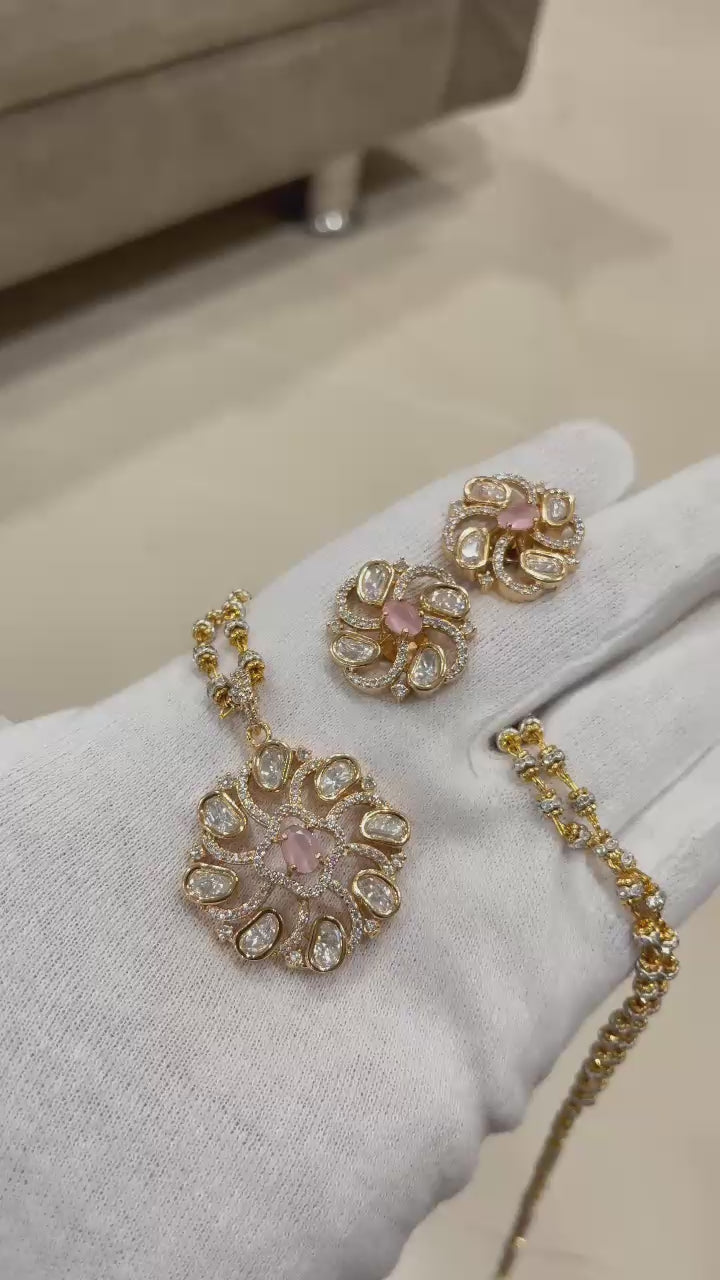 Royal Designer Polki & Diamond-Accented Spiral Pendant Set with Matching Earrings | Elegant Ethnic Jewelry