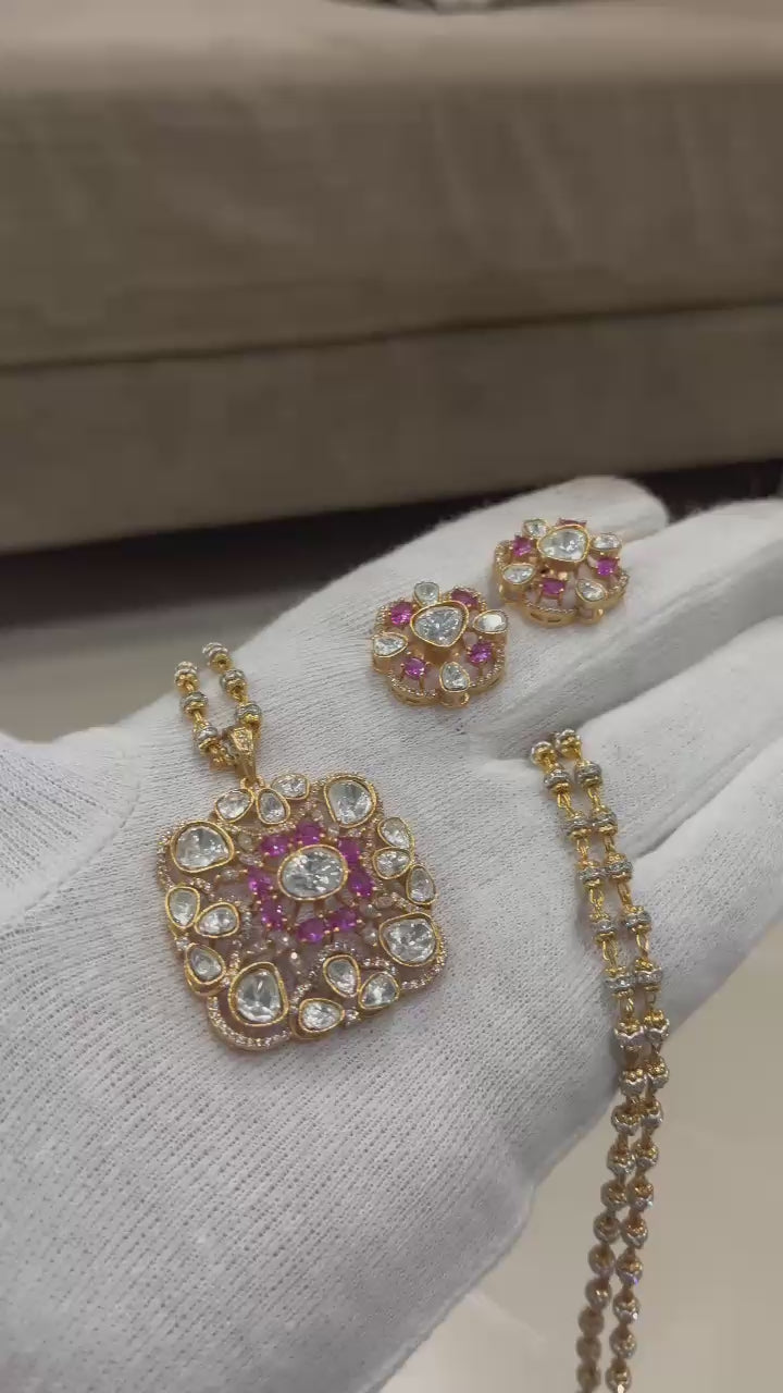 Beautiful mosinite polki kundan pendent set with design mutter chain24 inch