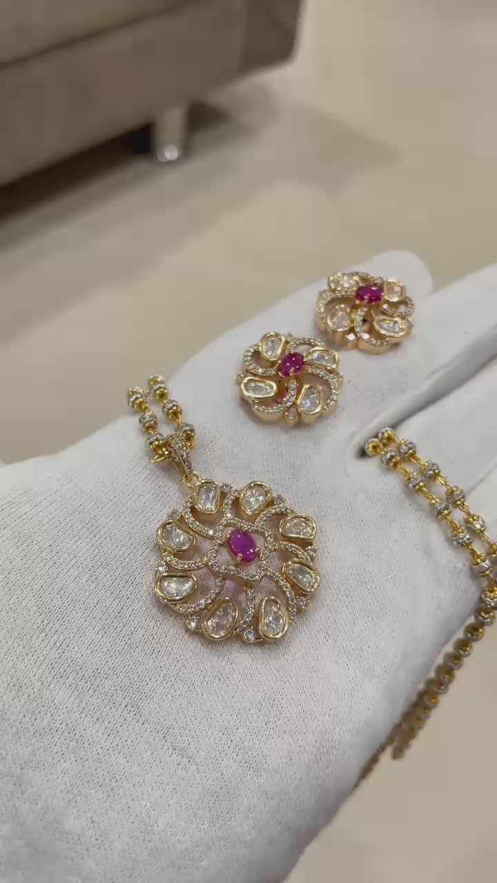 Royal Designer Polki & Diamond-Accented Spiral Pendant Set with Matching Earrings | Elegant Ethnic Jewelry