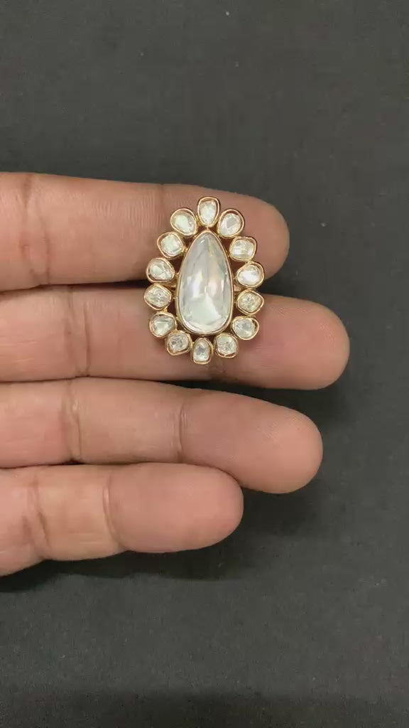 Pear Polki Kundan Ring | Gold Halo Uncut Diamond Cocktail Ring