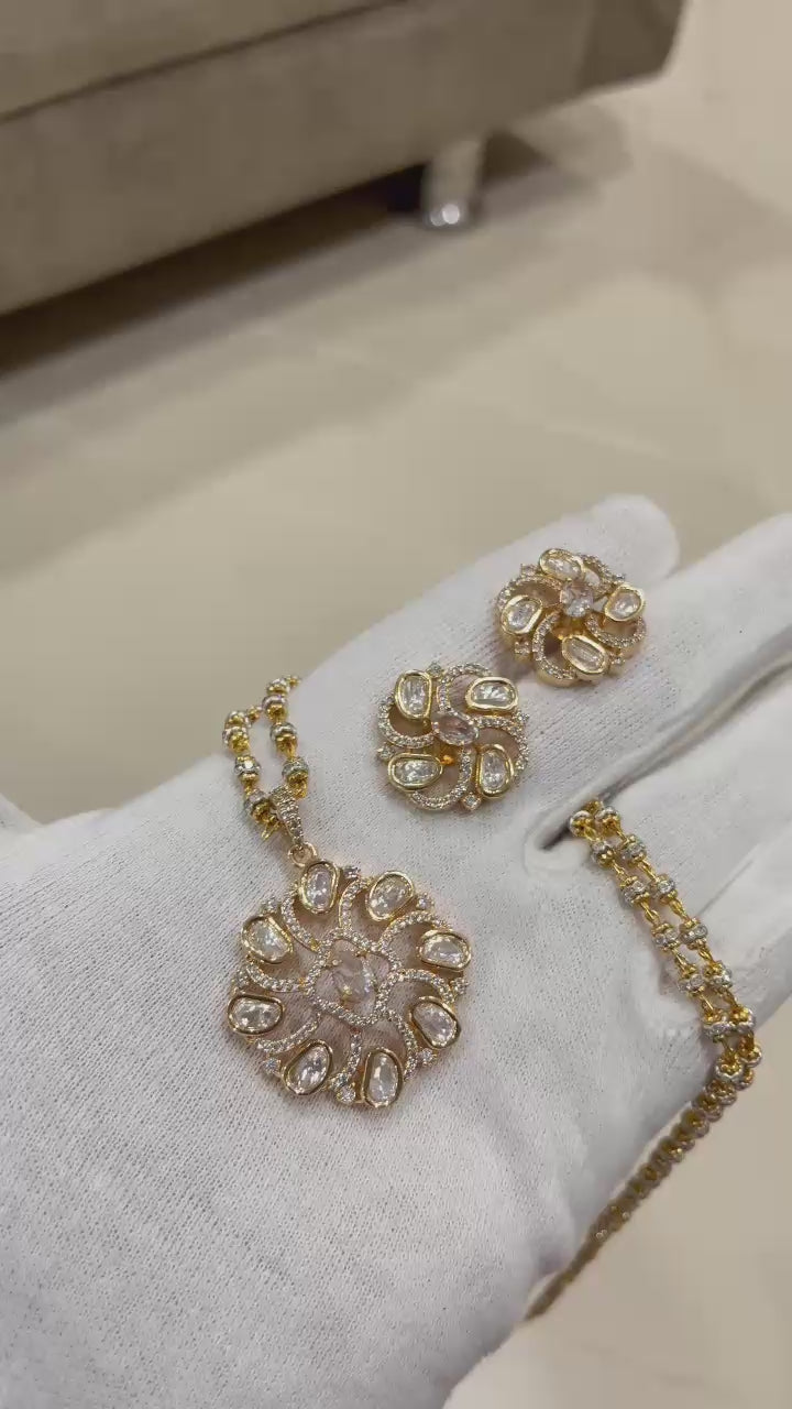 Royal Designer Polki & Diamond-Accented Spiral Pendant Set with Matching Earrings | Elegant Ethnic Jewelry