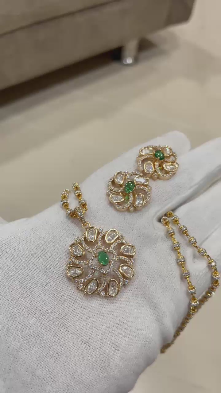 Royal Designer Polki & Diamond-Accented Spiral Pendant Set with Matching Earrings | Elegant Ethnic Jewelry
