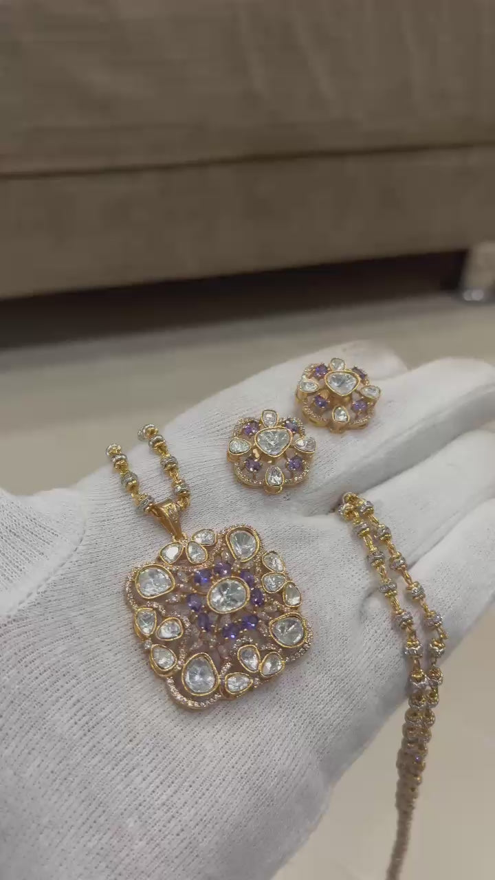 Beautiful mosinite polki kundan pendent set with design mutter chain24 inch