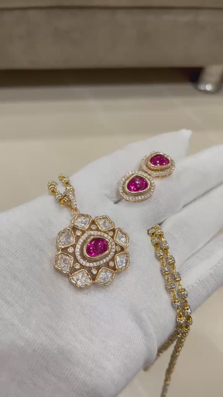 Royal Kundan & Emerald Stone Pendant Set with Matching Earrings