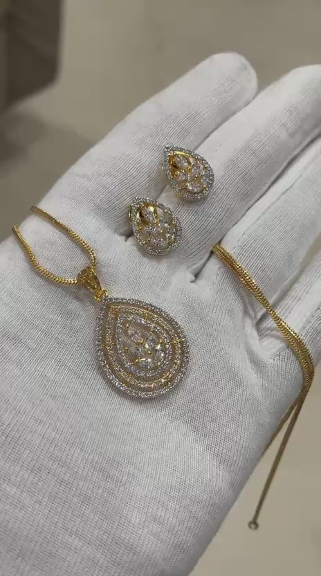 Premium CZ Diamond Pendant Set with Earrings - Gold Plated