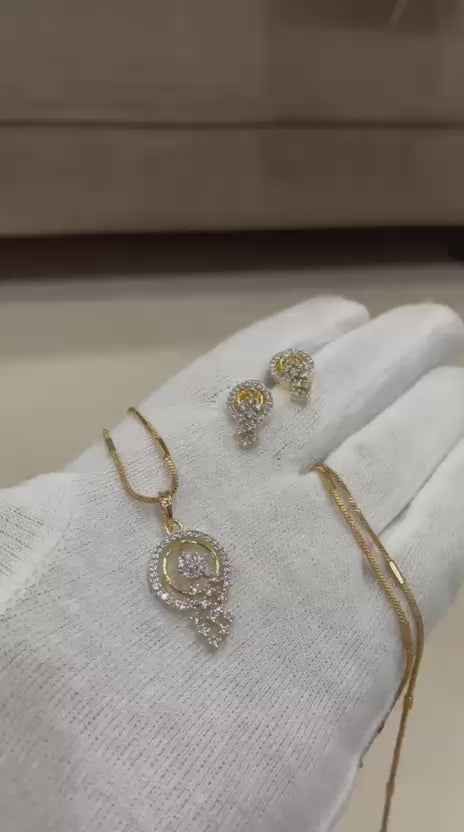 Radiant Floral & Crescent American Diamond Pendant Set with Matching Earrings