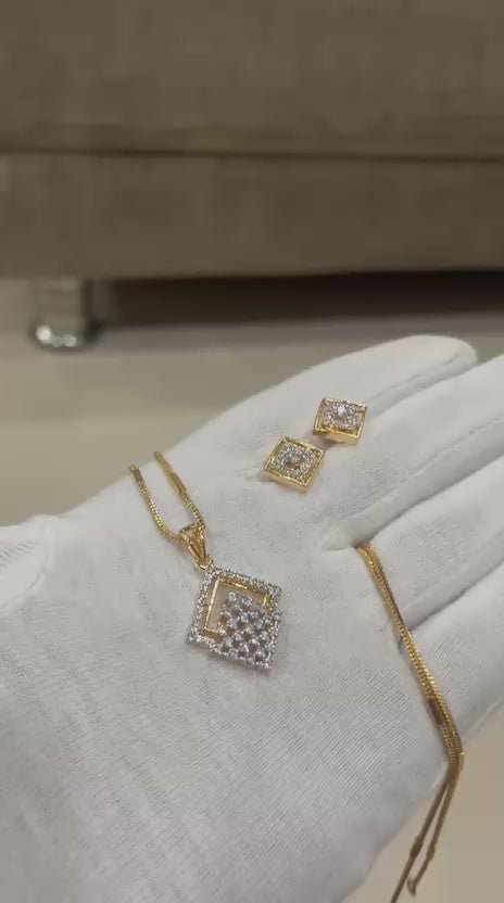 Radiant Square Diamond-Pave Gold Pendant & Earring Set
