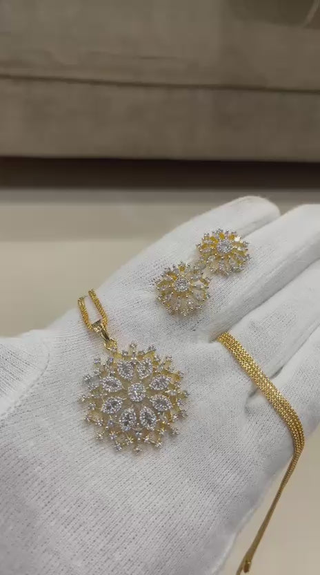 Elegant Floral Diamond-Studded Gold-Plated Pendant Set with Matching Earrings