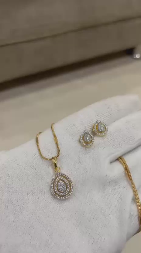 Exquisite Double-Teardrop Pave Diamond Pendant Set with Matching Earrings