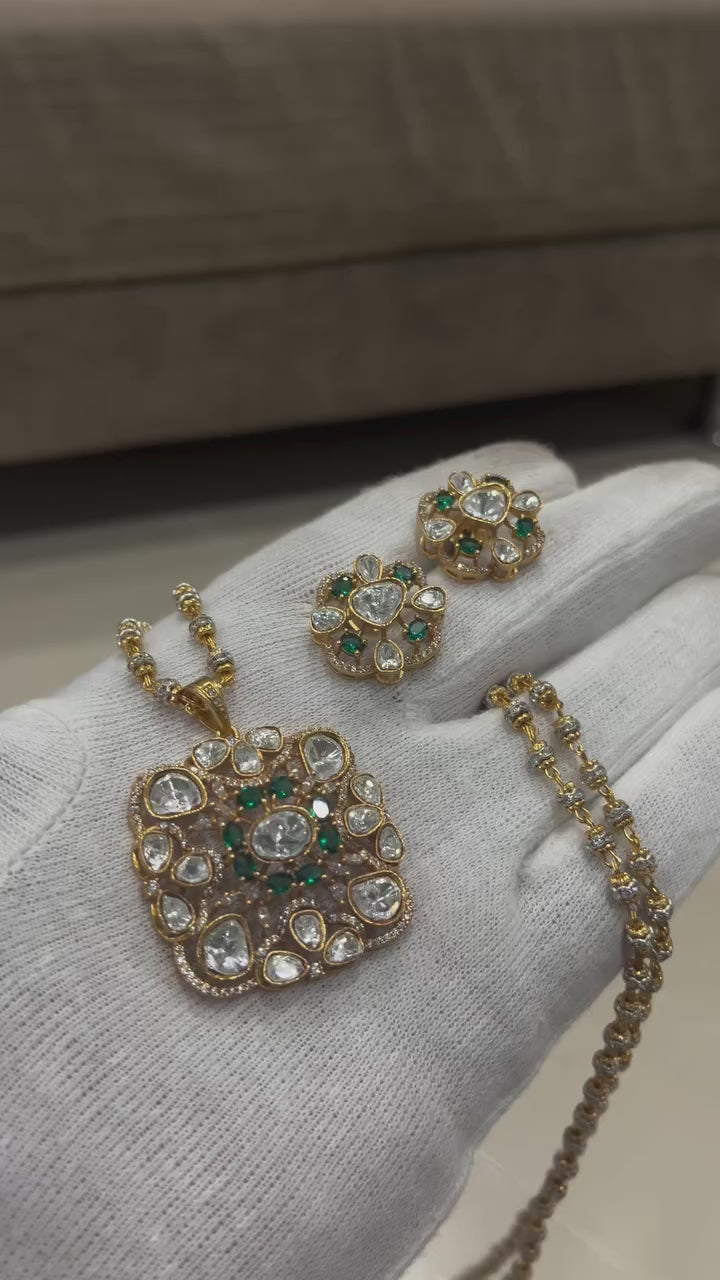 Beautiful mosinite polki kundan pendent set with design mutter chain24 inch