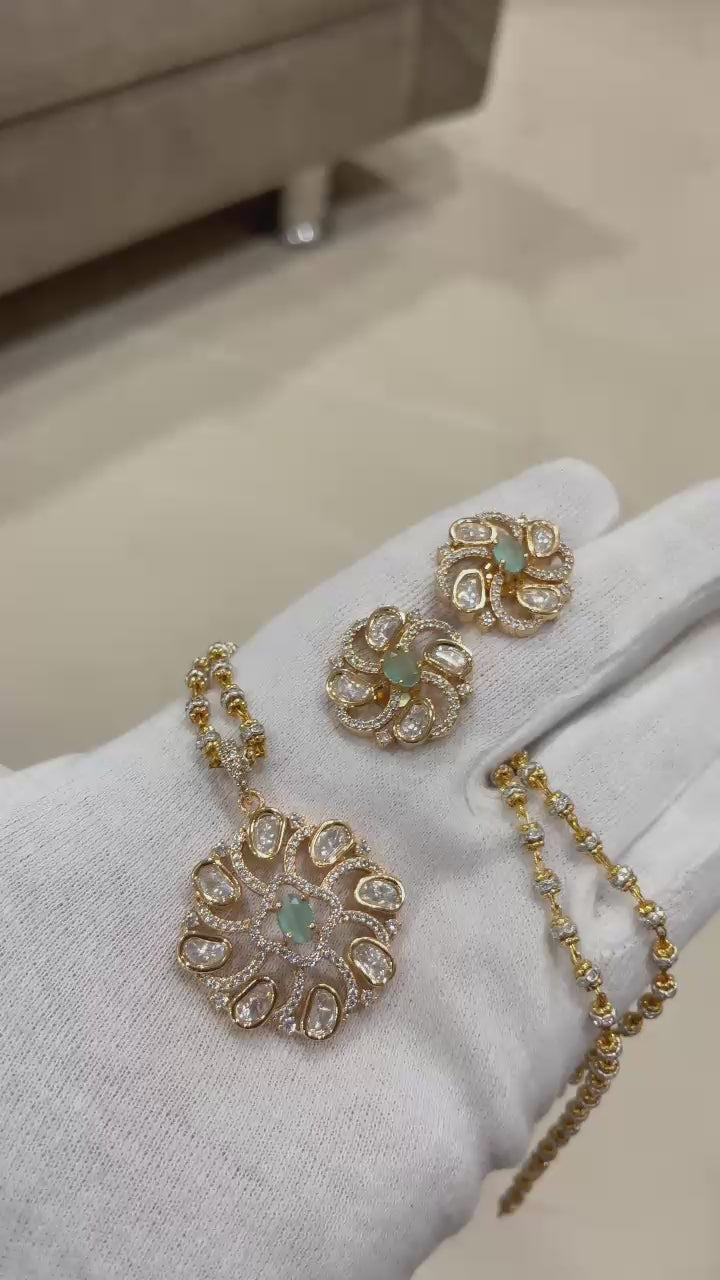 Royal Designer Polki & Diamond-Accented Spiral Pendant Set with Matching Earrings | Elegant Ethnic Jewelry