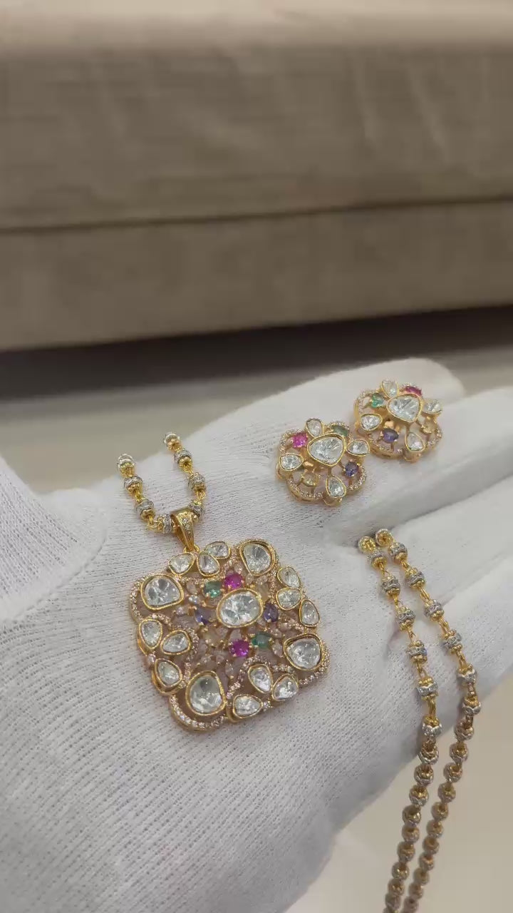 Beautiful mosinite polki kundan pendent set with design mutter chain24 inch