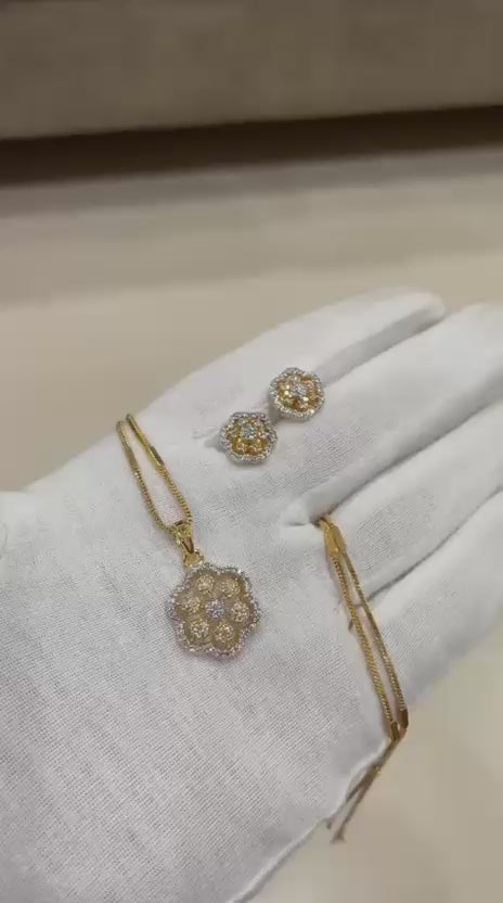 Radiant Yellow & White Stone Hexagonal Cluster Pendant Set with Matching Earrings