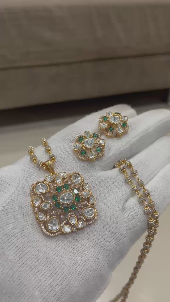 Beautiful mosinite polki kundan pendent set with design mutter chain24 inch