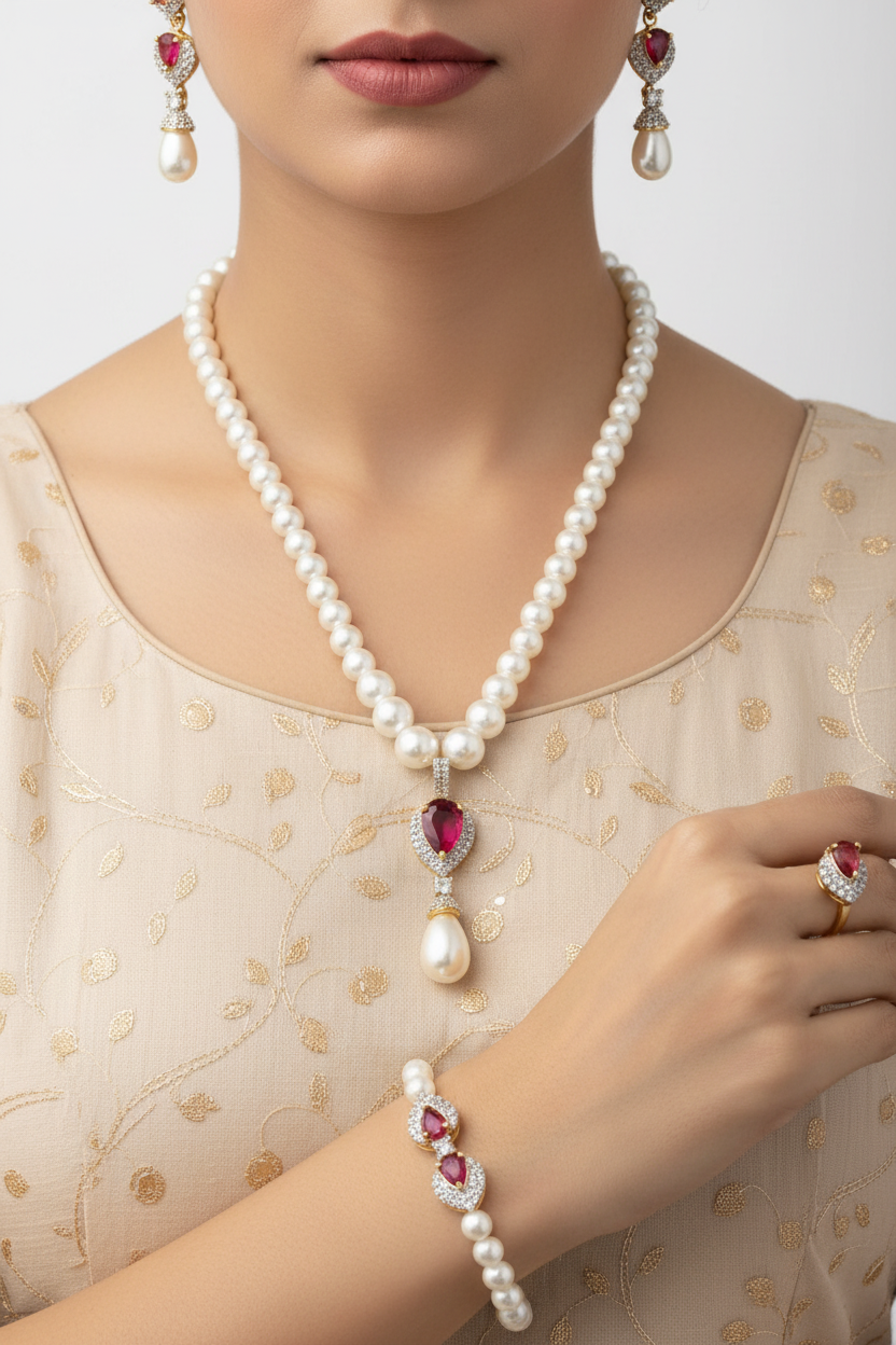 Red CZ Pearl Luxe Combo Set  (Necklace • Earrings • Ring • Bracelet)