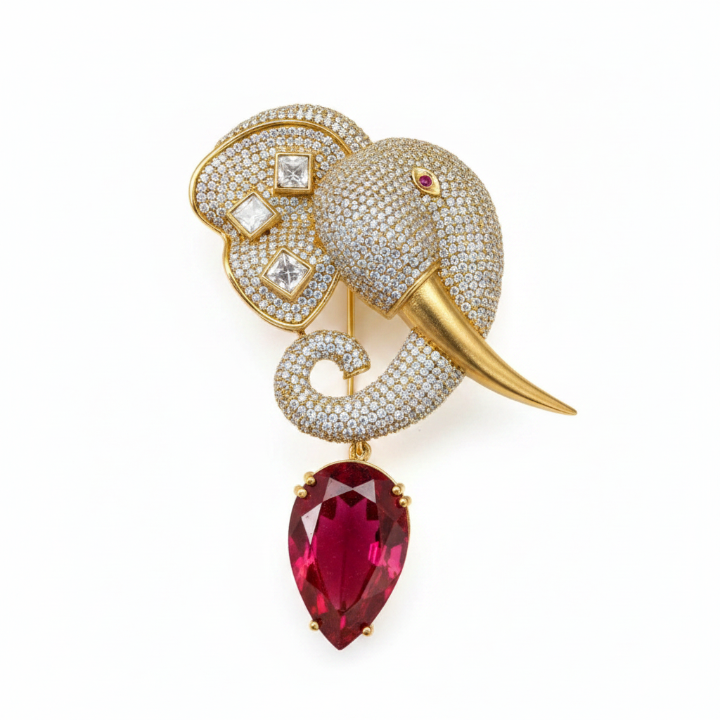 Premium Moissanite Polki Kundan Elephant Brooch with Doublet Stone Drop
