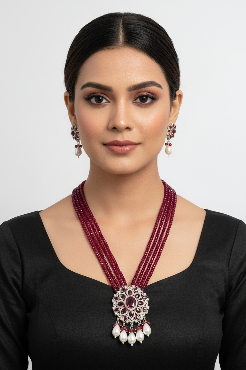 Royal Ruby CZ Pendant Pearl Drop Mala Set