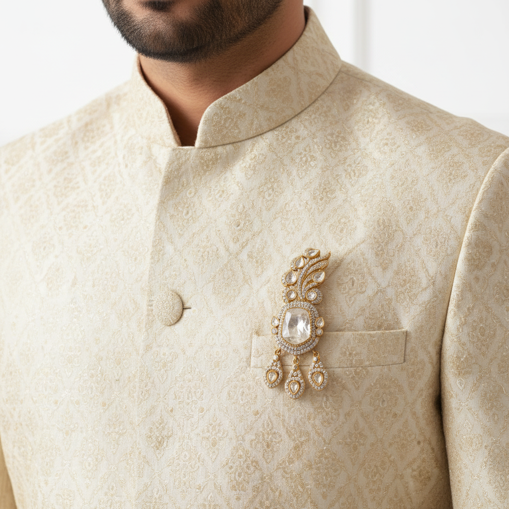 Premium Moissanite Polki Kundan Brooch with Triple Drop