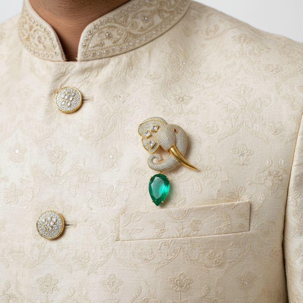 Premium Moissanite Polki Kundan Elephant Brooch with Doublet Stone Drop