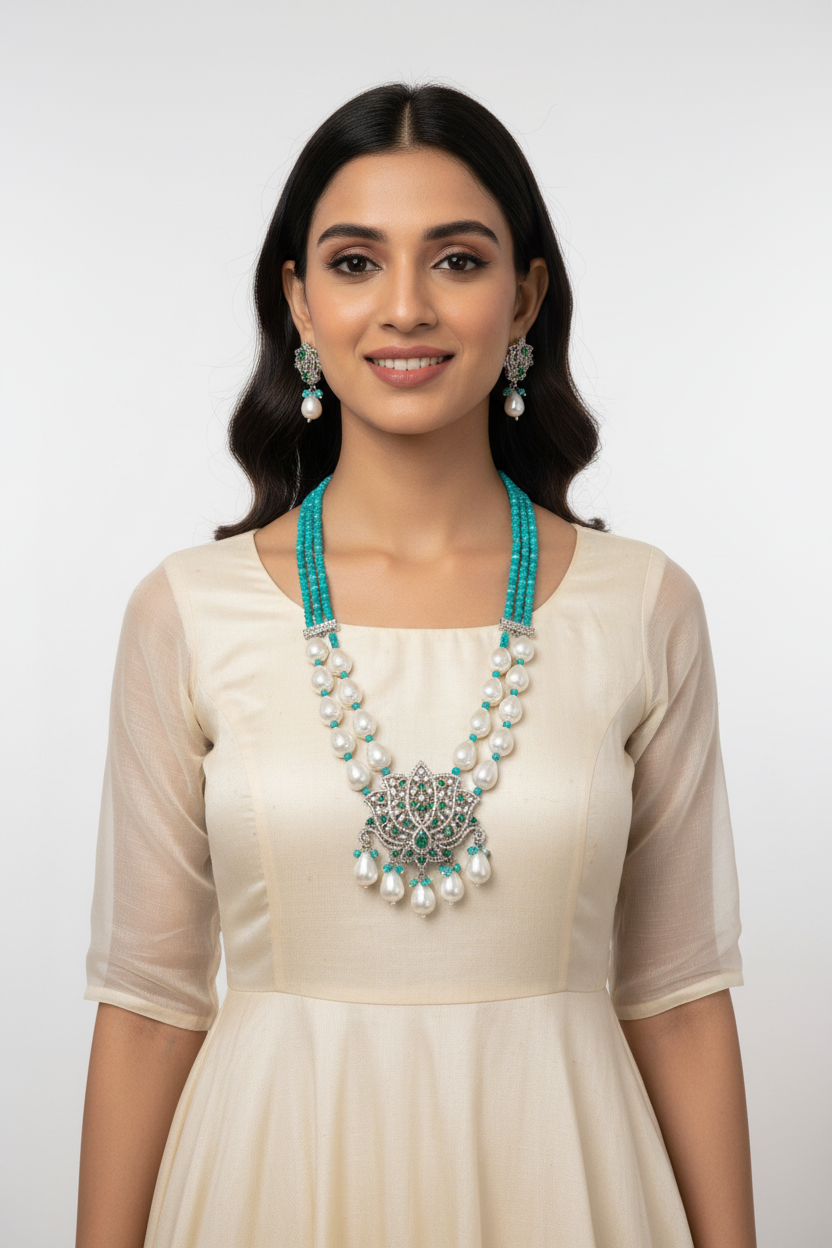 Lotus CZ Pendant Turquoise Onyx & Shell Pearl Mala Set - 22 Inch - AAA Quality