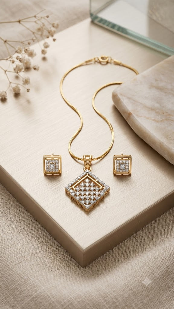 Radiant Square Diamond-Pave Gold Pendant & Earring Set