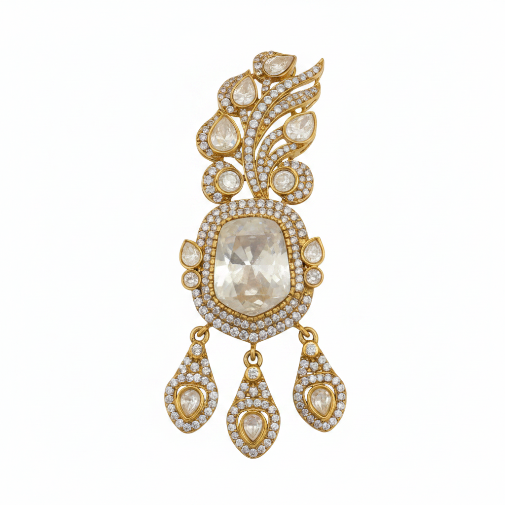 Premium Moissanite Polki Kundan Brooch with Triple Drop