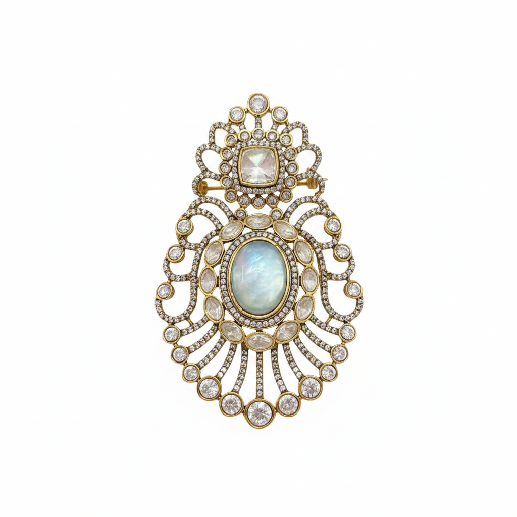 Premium Moissanite Polki Kundan Doublet Stone Brooch