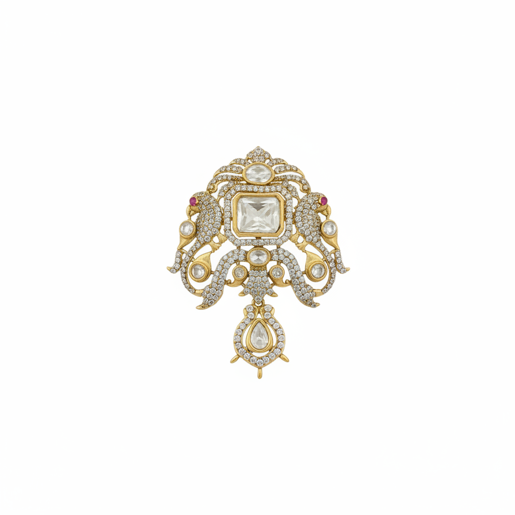 Premium Antique Polish Polki Kundan Brooch with Ruby Centre & Drop