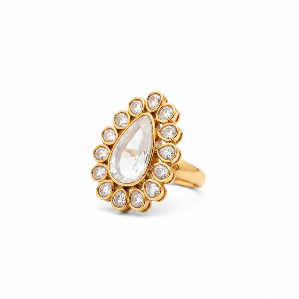 Pear Polki Kundan Ring | Gold Halo Uncut Diamond Cocktail Ring