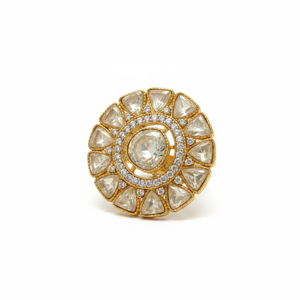 Premium Moissanite Polki Kundan Adjustable Ring | Sunflower Cocktail Ring