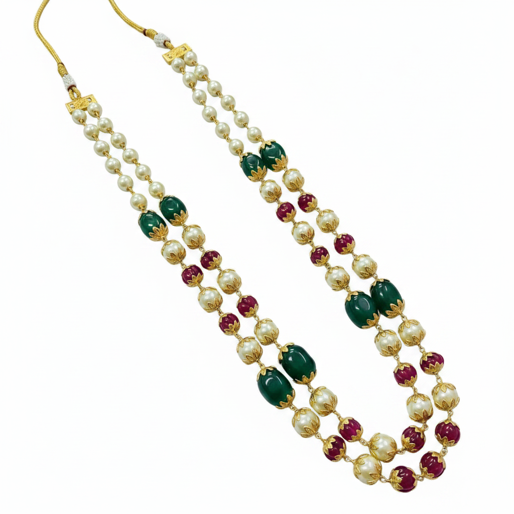 Best Ruby emerald with pearl double line mala with rajwadi look caps