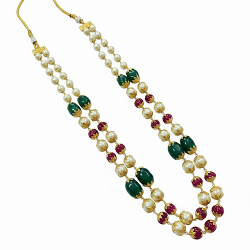 Best Ruby emerald with pearl double line mala with rajwadi look caps