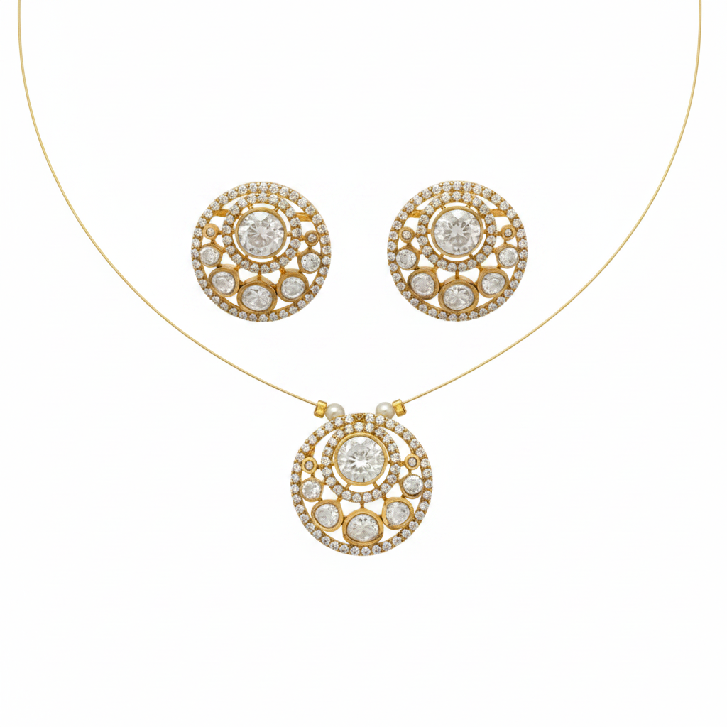 Premium Polki Kundan Antique Gold Polish Round Pendant & Earring Set