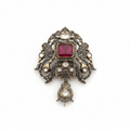Premium Antique Polish Polki Kundan Brooch with Ruby Centre & Drop