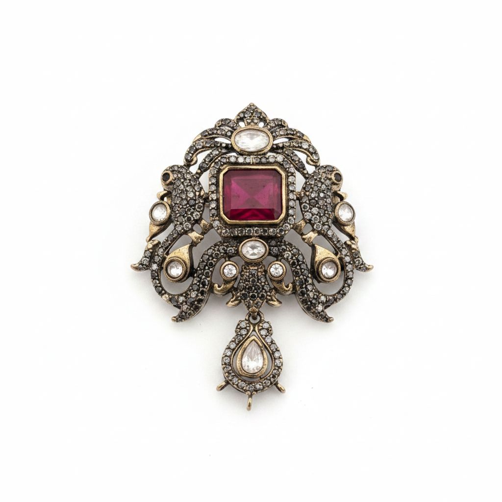 Premium Antique Polish Polki Kundan Brooch with Ruby Centre & Drop