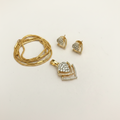 CZ Heart Cluster Pendant Necklace Set with Earrings & Pipe Chain | Gold Polish