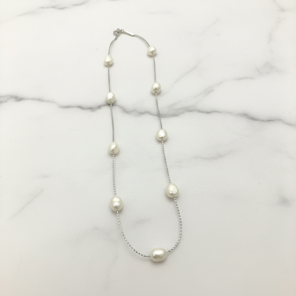 Real Freshwater Baroque Pearl Station Necklace | Silver Chain