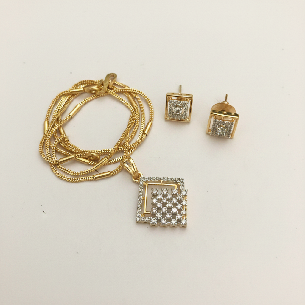 Diamond Look CZ Square Geometric Pendant Necklace Set with Earrings | Gold Polish