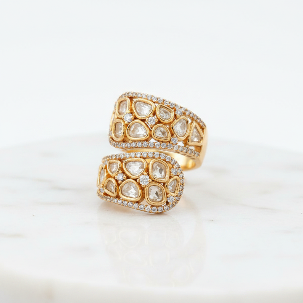 Premium Polki Kundan Moissanite Bypass Ring | Adjustable | Gold Polish