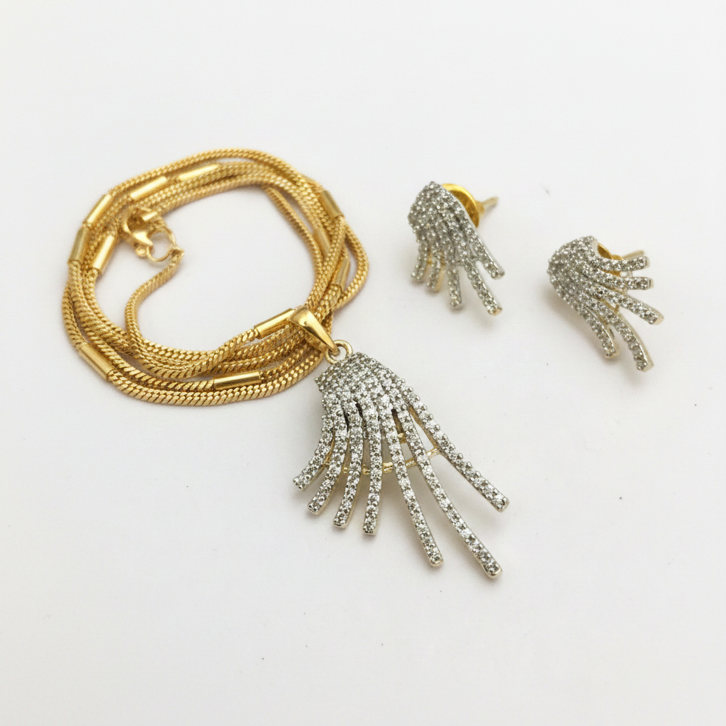 Diamond Look CZ Tassel Pendant Necklace Earrings Set | Gold Polish | O Code Jewellery