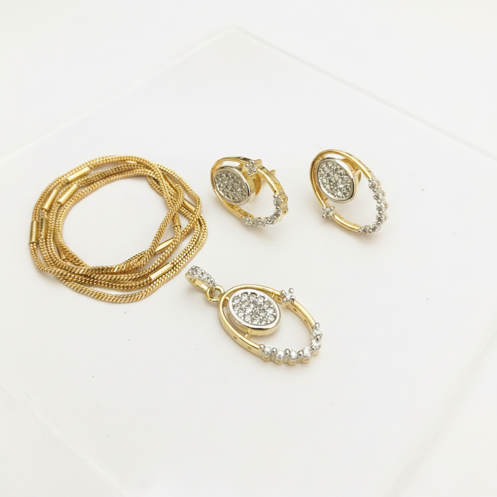 Oval CZ Cluster Pendant Necklace Set with Earrings & Pipe Chain | Gold Polish